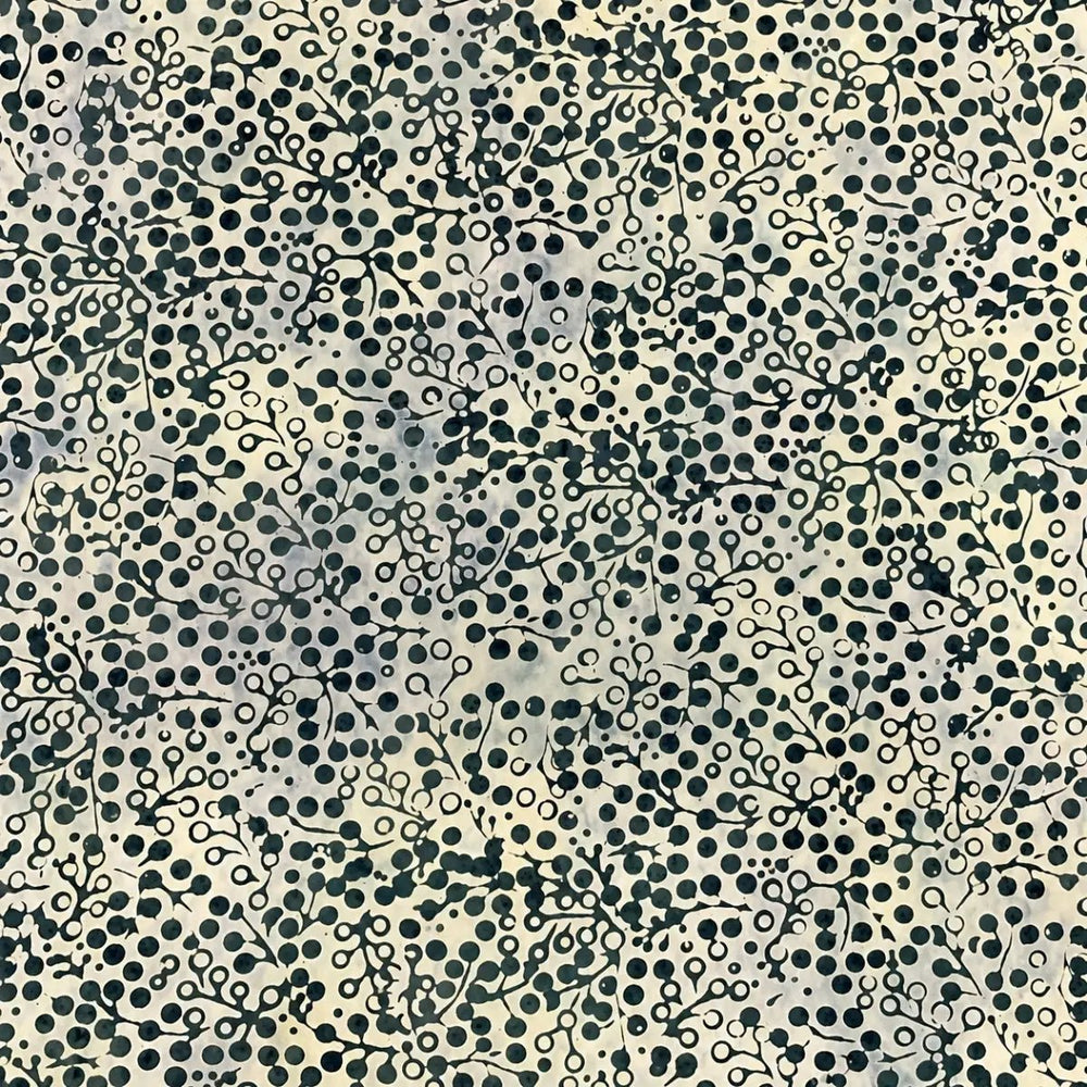 Hoffman Bali Batiks Berry Branches Skipper P2969-338 cotton fabric featuring charcoal berry branches on a mottled cream and gray background.