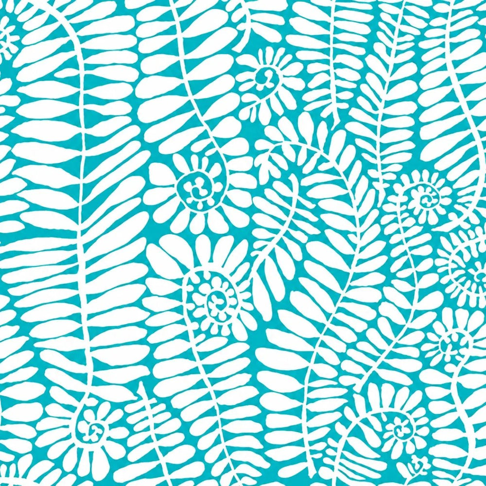 FreeSpirit Fronds White PWBM085.WHITE cotton quilting fabric by Brandon Mably featuring a white and teal botanical frond pattern.