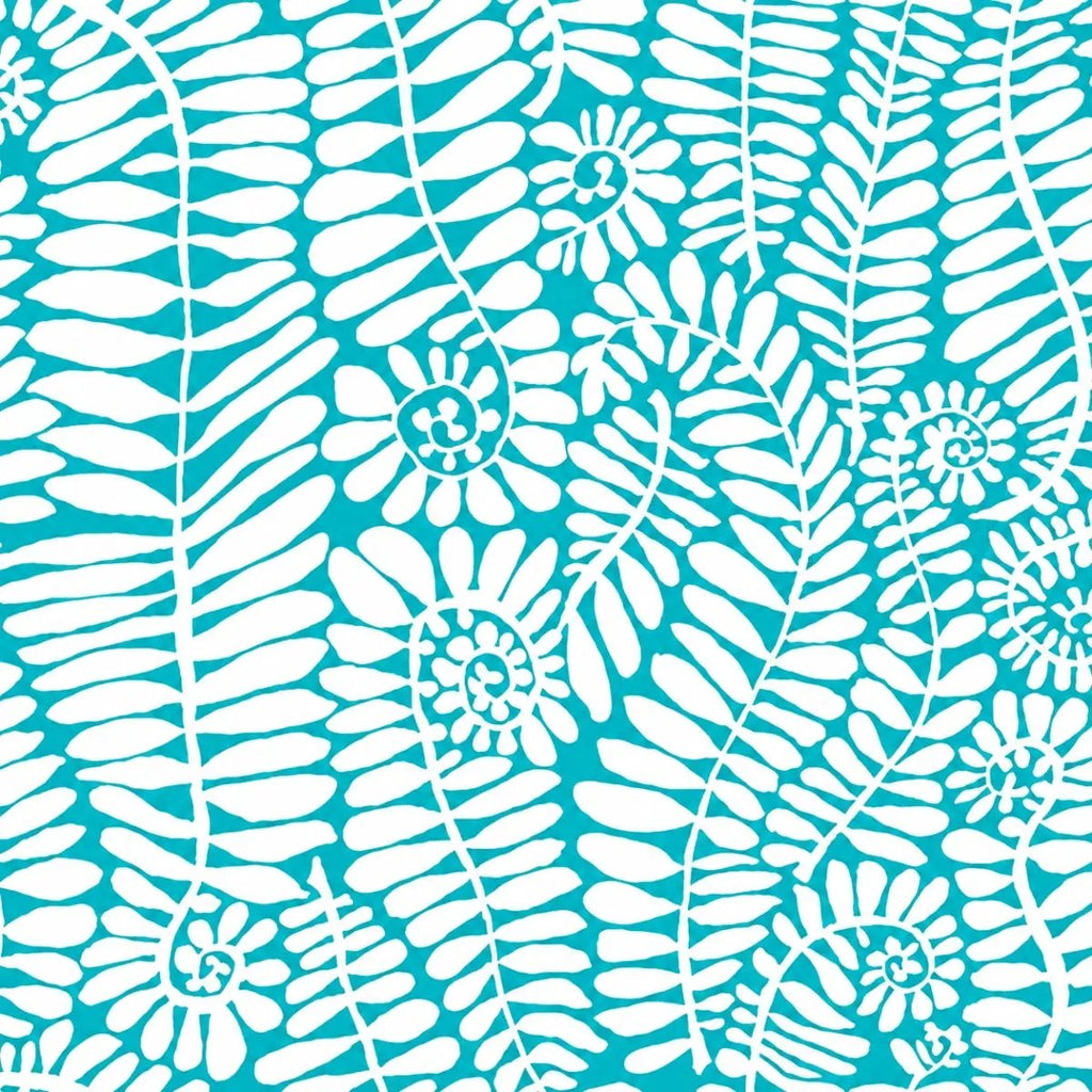 FreeSpirit Fronds White PWBM085.WHITE cotton quilting fabric by Brandon Mably featuring a white and teal botanical frond pattern.