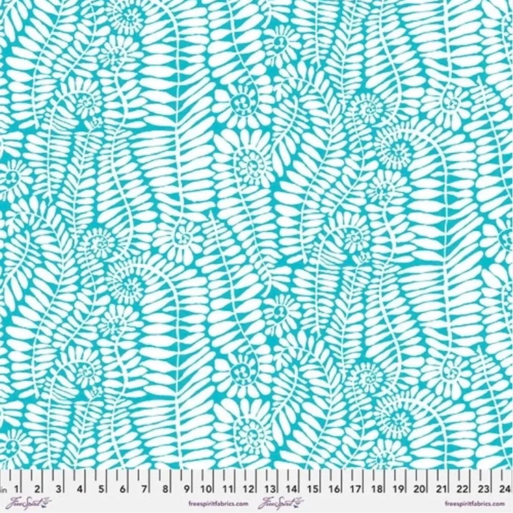 FreeSpirit Fronds White PWBM085.WHITE cotton quilting fabric by Brandon Mably, featuring white botanical fronds on a turquoise background.