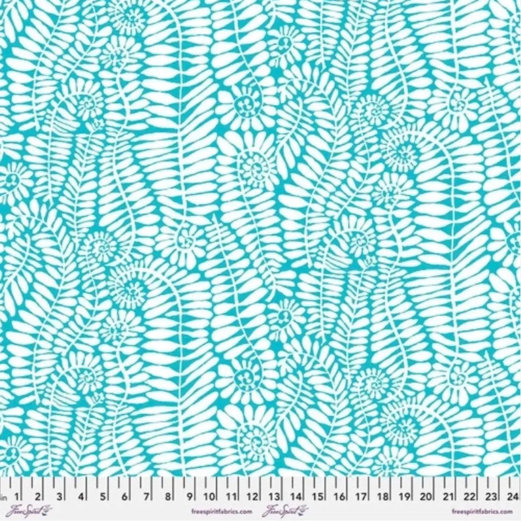 FreeSpirit Fronds White PWBM085.WHITE cotton quilting fabric by Brandon Mably, featuring white botanical fronds on a turquoise background.
