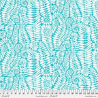 FreeSpirit Fronds White PWBM085.WHITE cotton quilting fabric by Brandon Mably, featuring white botanical fronds on a turquoise background.