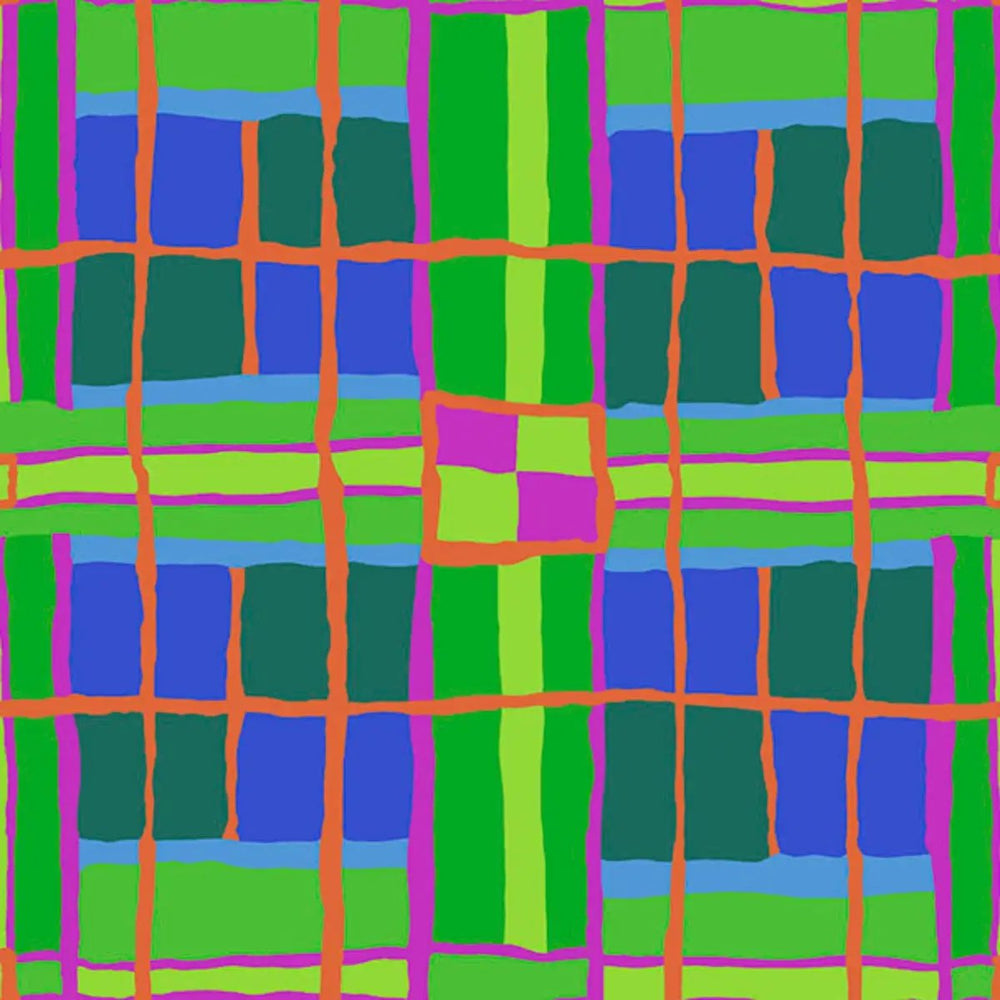 FreeSpirit Checkmate Green PWBM086.GREEN cotton quilting fabric by Brandon Mably featuring a bold green checkered pattern.