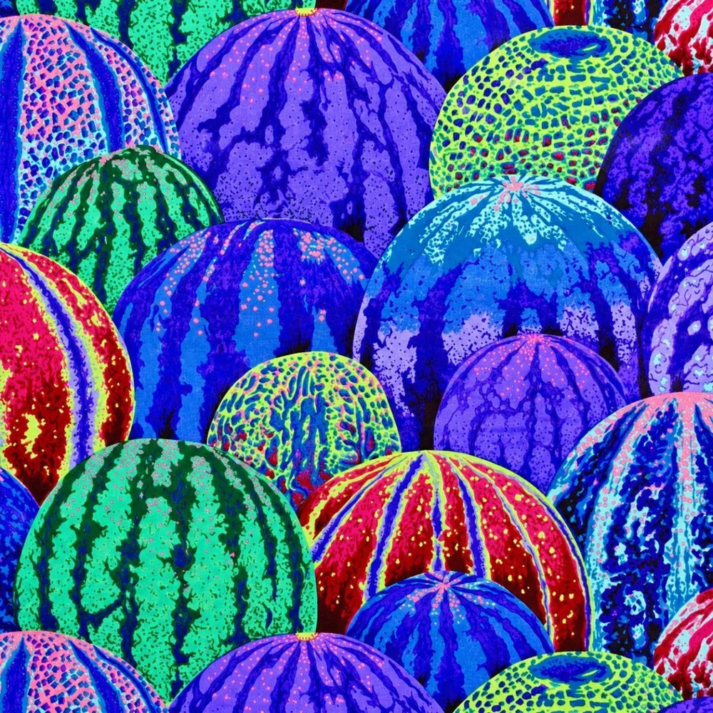 FreeSpirit Kaffe Fassett Collective Watermelons Blue PWPJ103.BLUE cotton fabric featuring colorful blue, turquoise, green, and purple watermelons.
