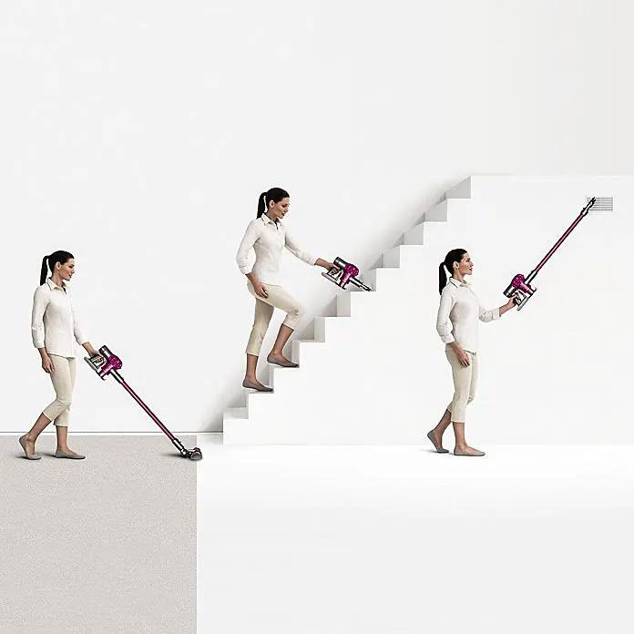 Dyson V6 Motorhead vacuum; purple handheld with wand, shown in four positions cleaning floor and stairs