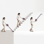 Dyson V6 Motorhead vacuum; purple handheld with wand, shown in four positions cleaning floor and stairs