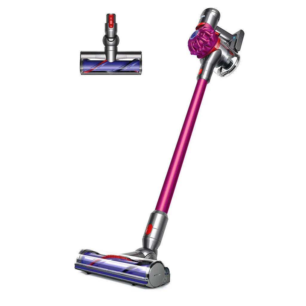 Dyson V7 Motorhead cordless vacuum with magenta wand and motorized brush head