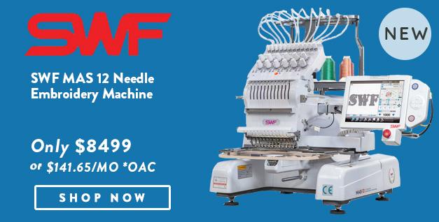 SWF MAS 12 Needle Embroidery Machine banner with offer details