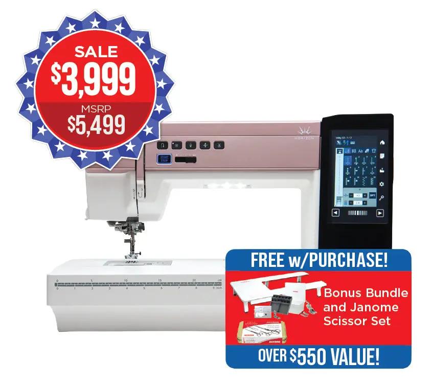 Janome Horizon Memory Craft 9410QC computerized sewing machine, rose-gold top with white base, sale $3,999.