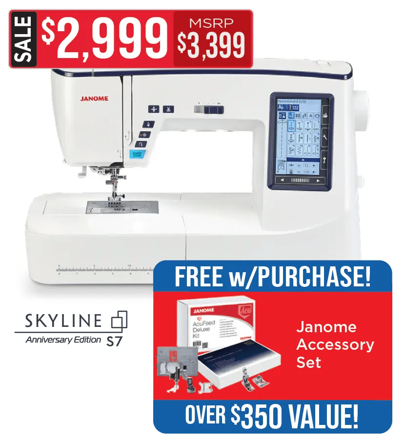 Janome Skyline S7 Anniversary Edition computerized sewing machine with touchscreen display, white