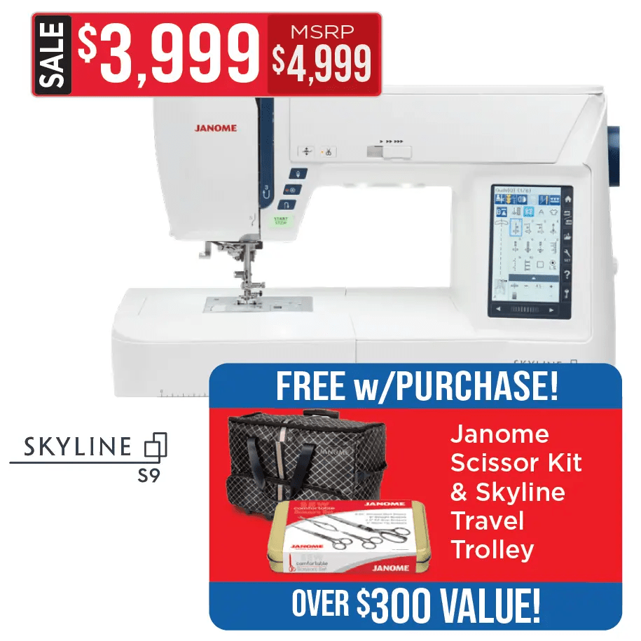 Janome Skyline S9 sewing and embroidery machine, white with touchscreen display, on sale.