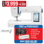 Janome Skyline S9 sewing and embroidery machine, white with touchscreen display, on sale.