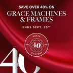Sewing machines promo banner by Grace Company on red satin background with a 40th anniversary seal.