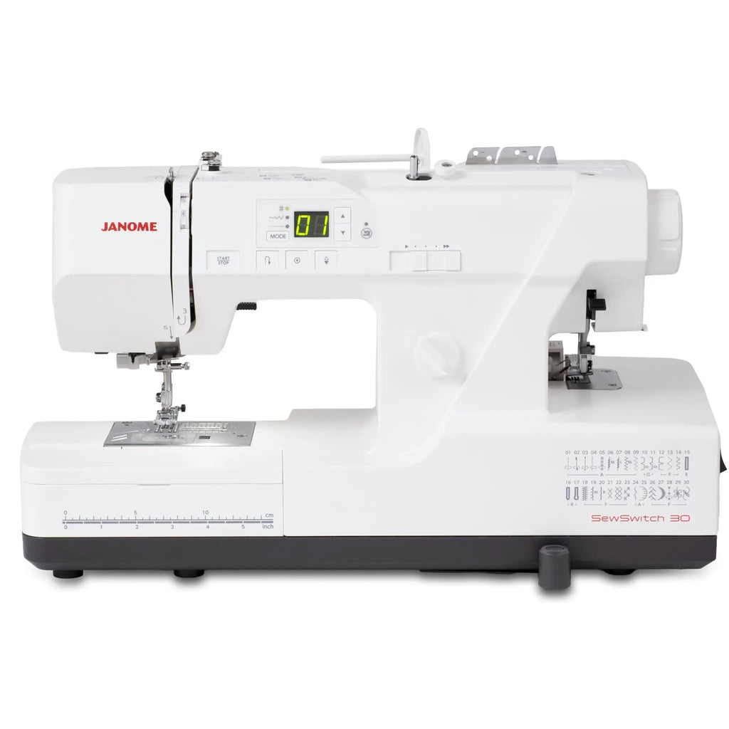 Janome SewSwitch 30 sewing & overlocker combi machine, white body with red Janome logo