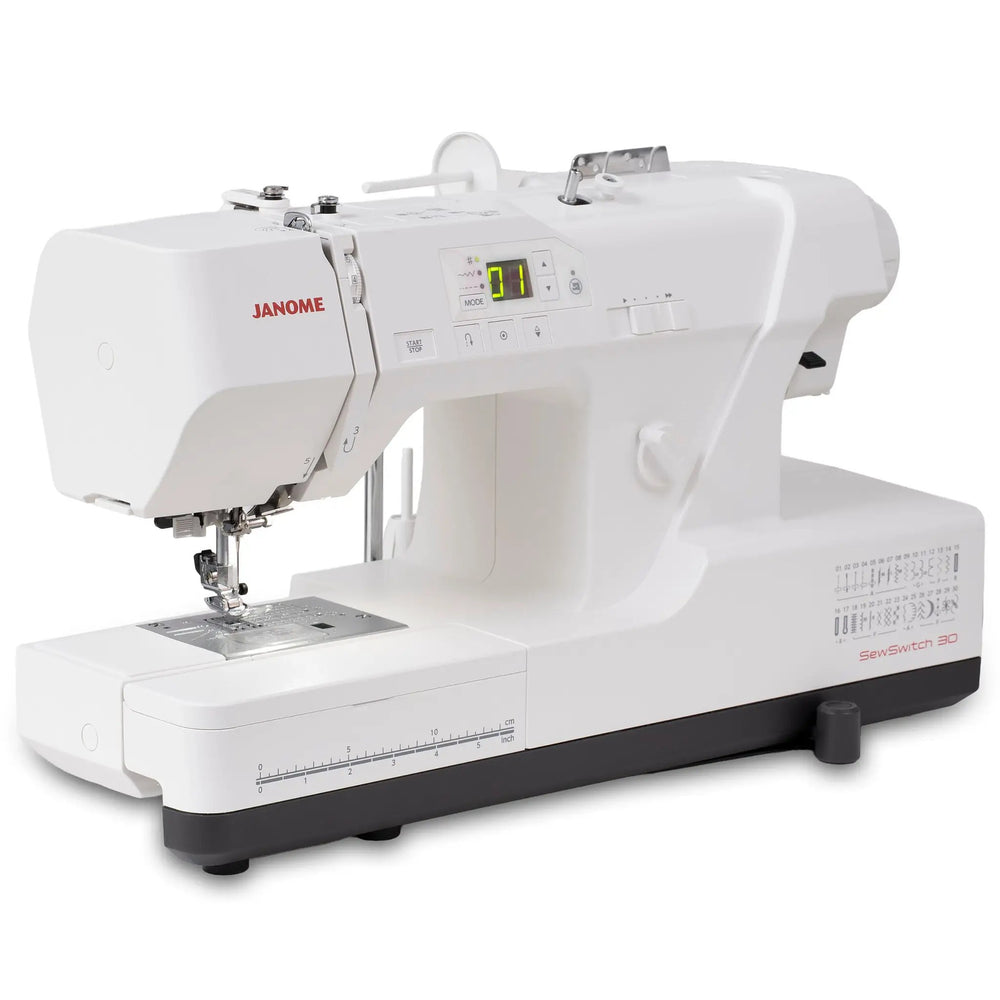 Janome SewSwitch 30 sewing and serger combo machine, white with digital display panel.