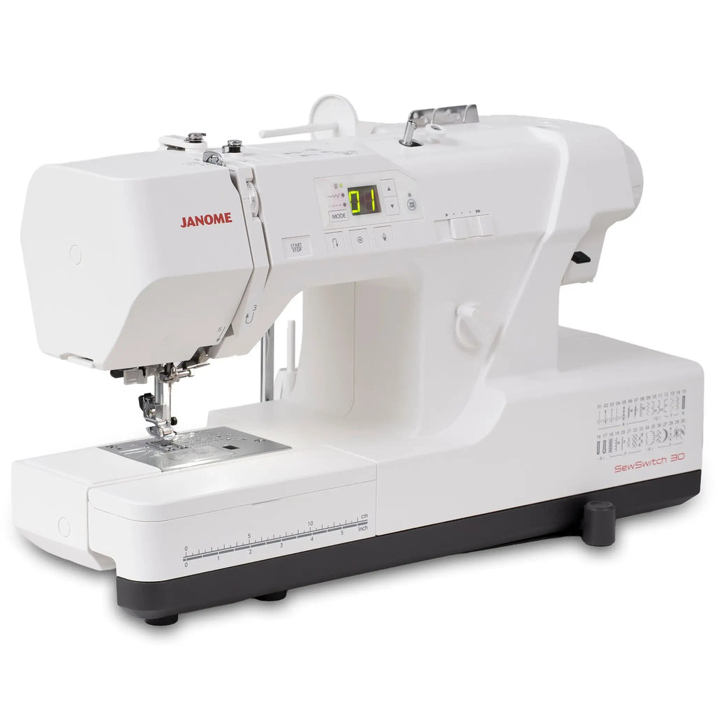 Janome SewSwitch 30 sewing and serger combo machine, white with digital display panel.
