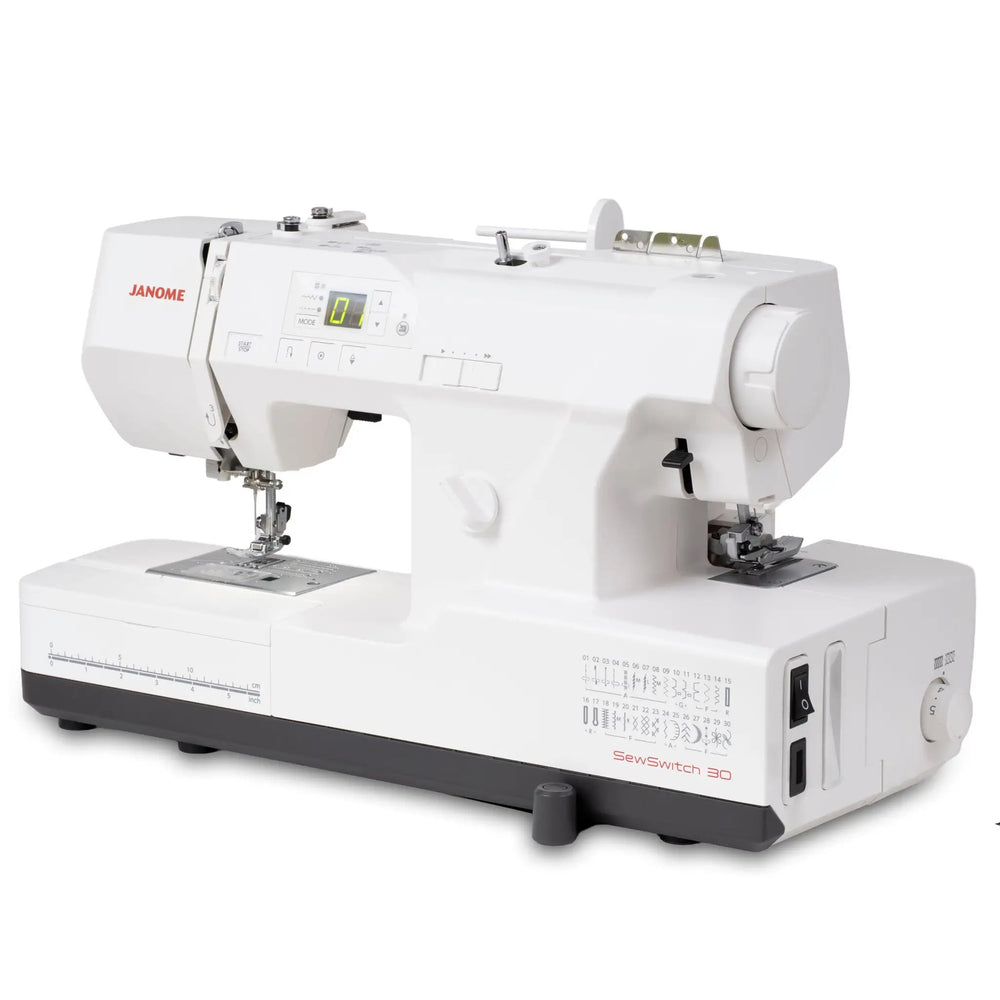 Janome SewSwitch 30 sewing and overlocker combo machine, white with control panel.