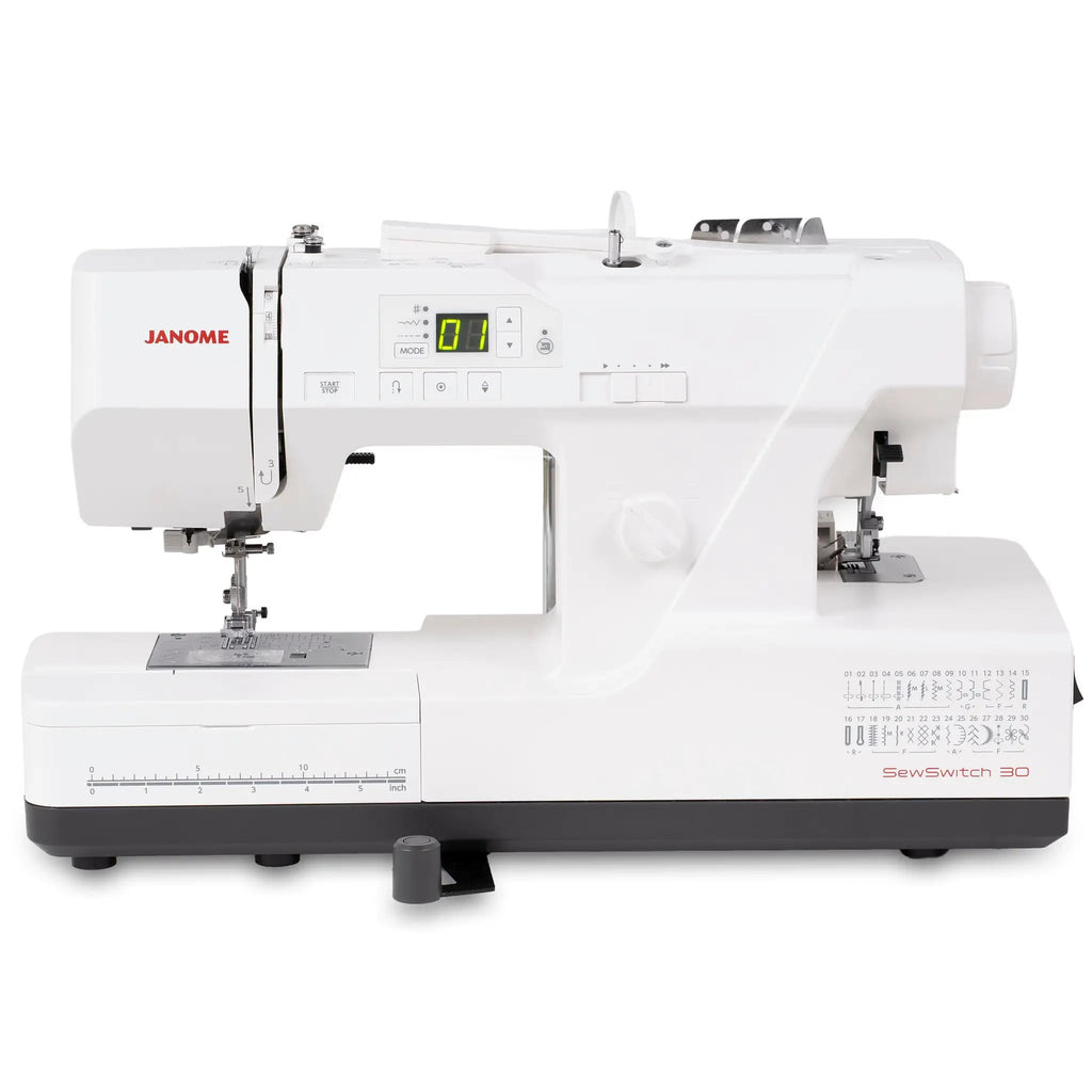 Janome SewSwitch 30 sewing and overlocker comb machine in white with visible control panel