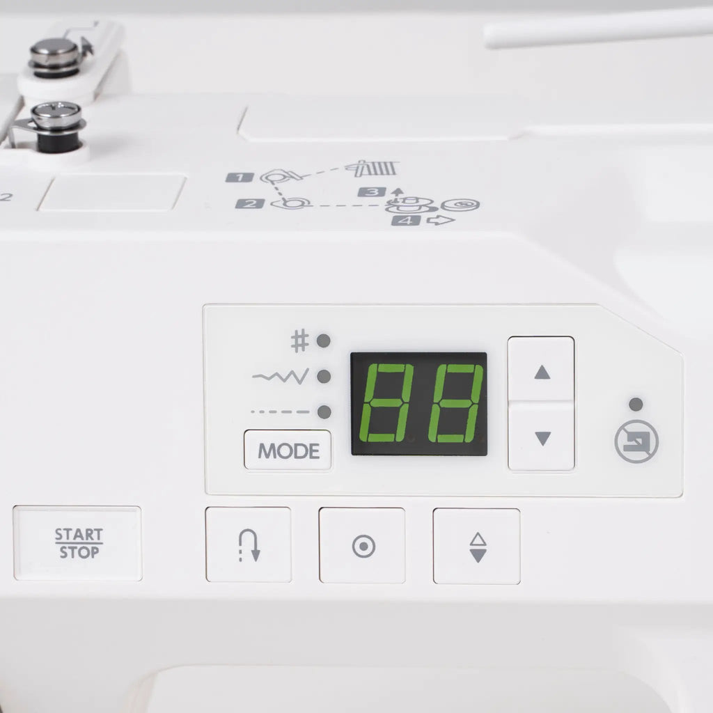 Janome SewSwitch 30 sewing and overlocker combi machine control panel, white body with green digital display