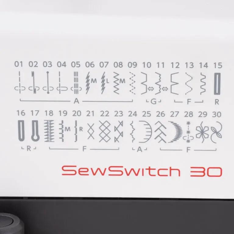 SewSwitch 30 stitch pattern chart on sewing machine; red logo with gray stitch icons showing 01–30.