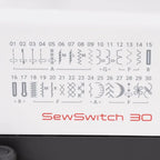 SewSwitch 30 stitch pattern chart on sewing machine; red logo with gray stitch icons showing 01–30.