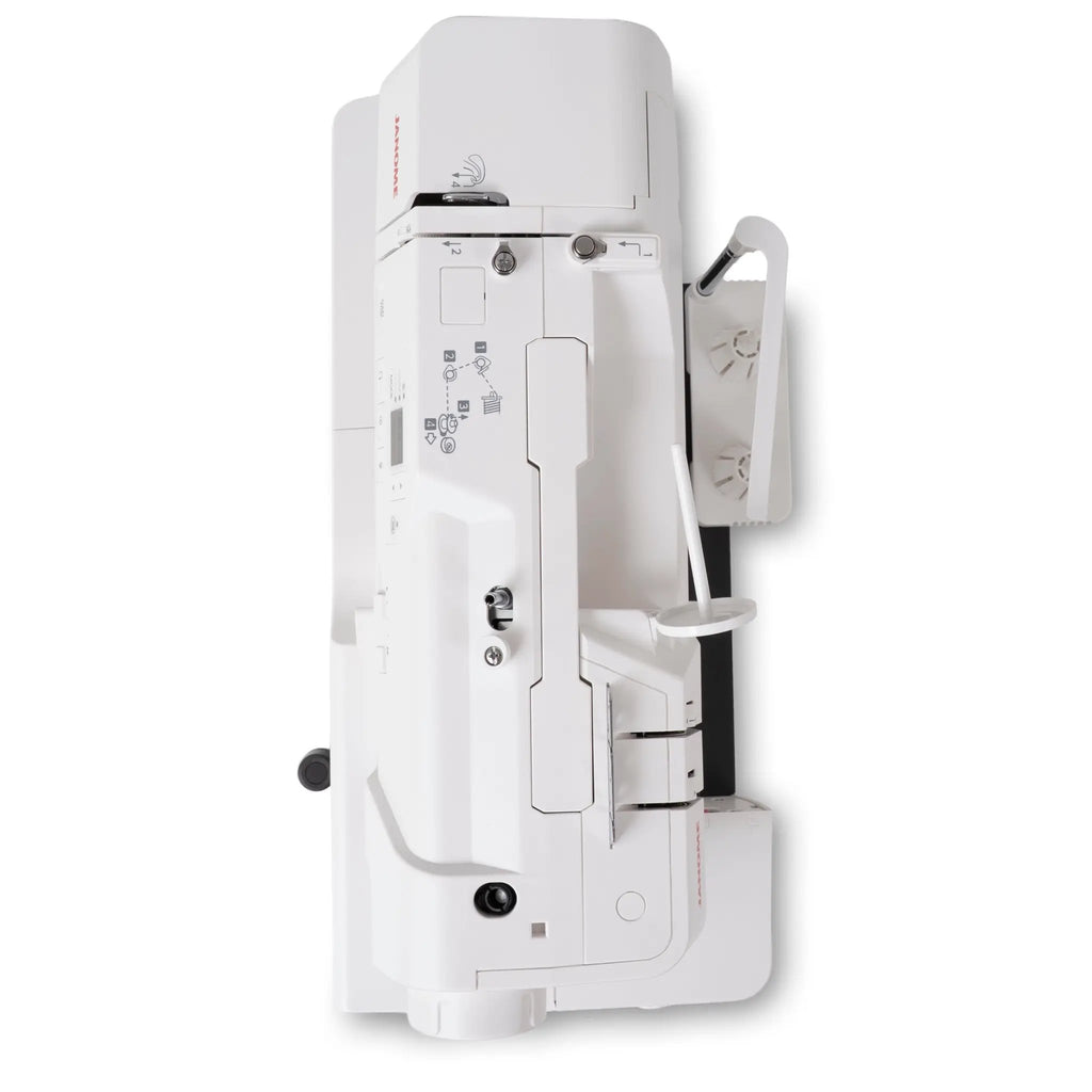 Janome SewSwitch 30 sewing and overlocker combi machine, white, side view.