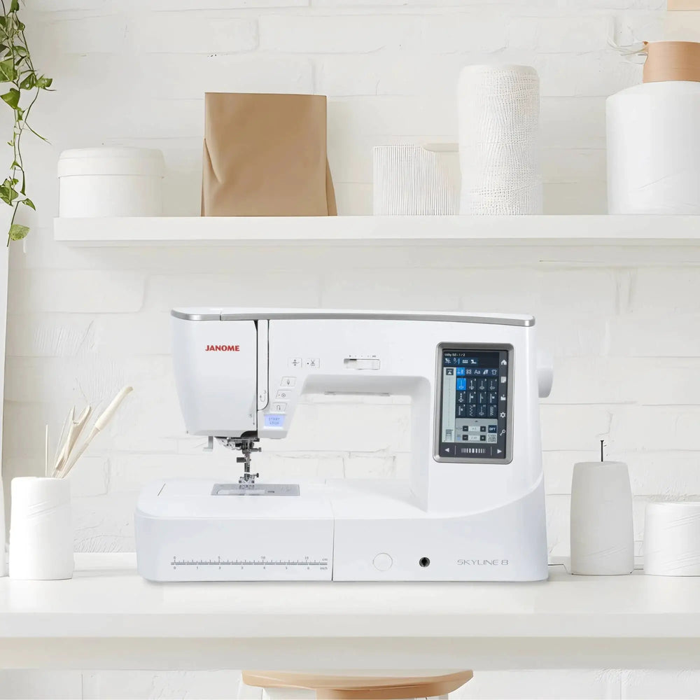 Janome Skyline 8 sewing and quilting machine; white, computerized with touchscreen display