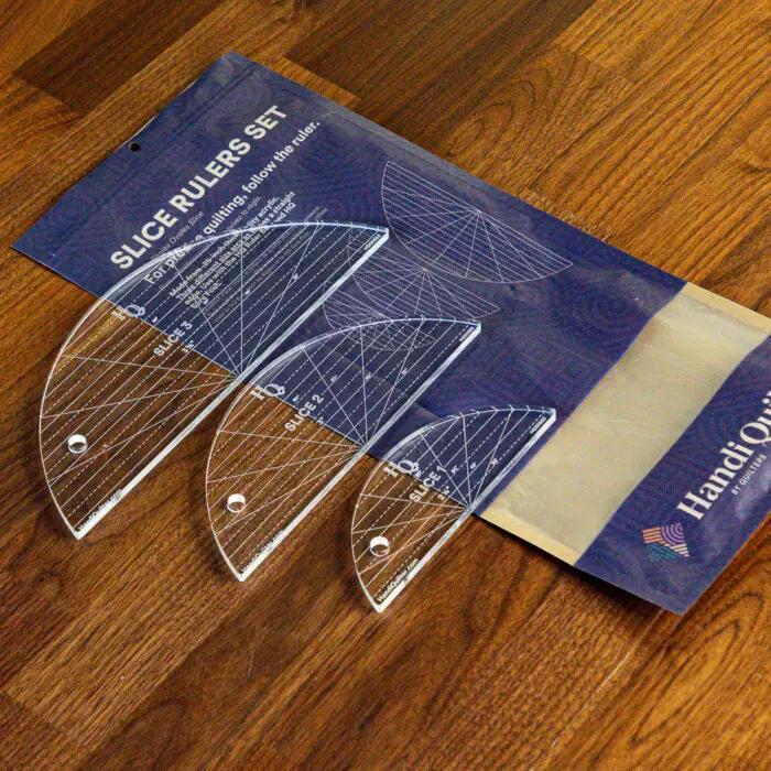 Handi Quilter Slice Set (3) quilting rulers; three clear plastic arc rulers with white measurement marks