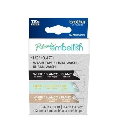 Washi tape pack by Brother with four 1/2 in tapes in white/black, gold, mint, and craft