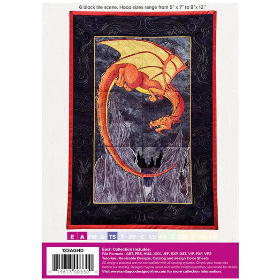 Embroidery design: Anita Goodesign Dragon Tile Scene 133AGHD; orange dragon on dark tile frame with red border
