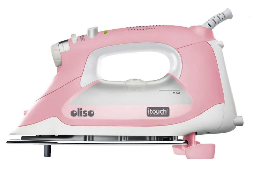 Oliso TG1600 pink smart iron with white accents and Itouch technology