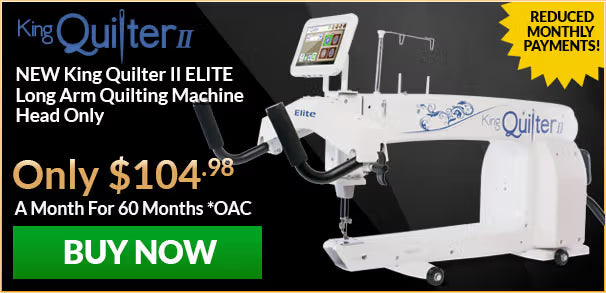 King Quilter II ELITE long arm quilting machine with promotional text on a black background