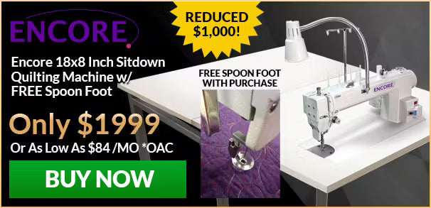 Encore quilting machine with promotional text on a black background