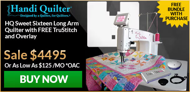 Handi Quilter long arm quilter with colorful quilt on a table, promotional banner with sale price and free bundle offer.