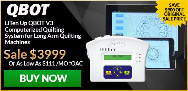 QBOT computerized quilting system with tablet displaying quilting design on a black background