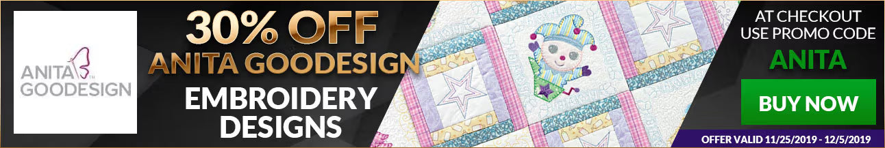 Promotional banner for Anita Goodesign embroidery designs with a discount offer.