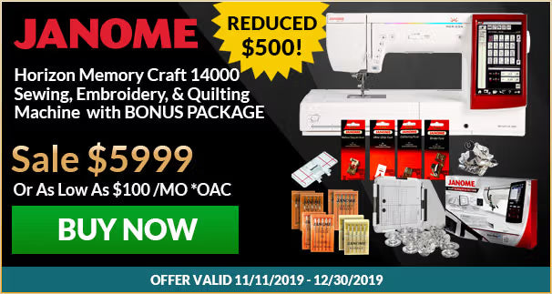 Janome sewing machine with embroidery and quilting capabilities on a promotional banner.