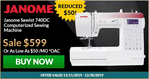 Janome Sewist 740DC computerized sewing machine with promotional text on a black background