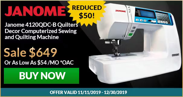 Janome sewing machine with promotional text on a black background