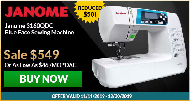 Janome sewing machine with promotional text on a black background