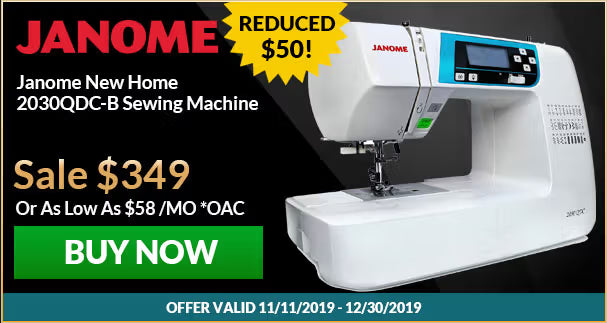 Janome sewing machine with promotional text on a black background