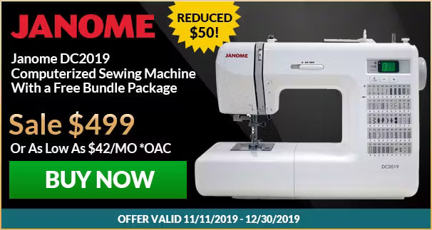 Janome DC2019 sewing machine with promotional text on a black background