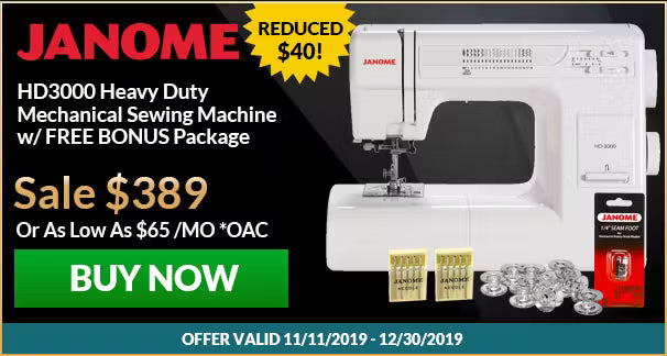 Janome HD3000 heavy duty sewing machine with promotional text on a black background