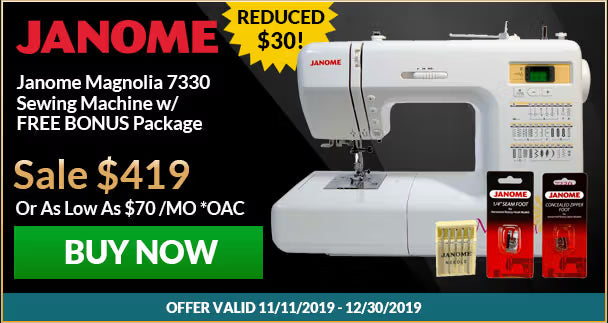 Janome sewing machine with promotional text on a black background