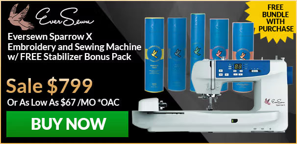 Embroidery and sewing machine with stabilizer bonus pack and promotional text on a black background