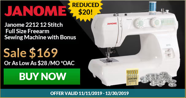 Janome sewing machine with promotional text on a black background