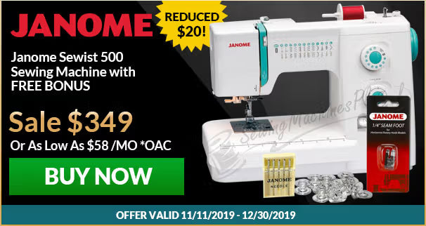 Janome Sewist 500 sewing machine with accessories on a promotional banner.
