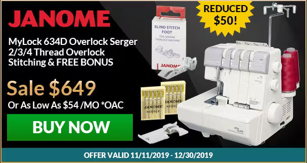 Janome overlock serger with promotional text and pricing on a black background