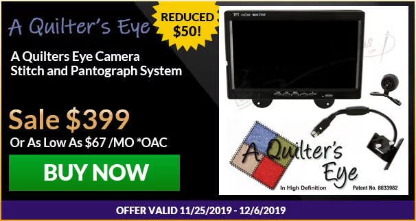 Advertisement for A Quilter's Eye camera system with pricing and promotional text.