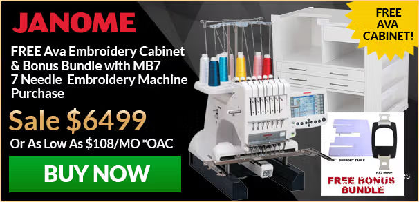 Janome embroidery machine with promotional text and graphics on a black background
